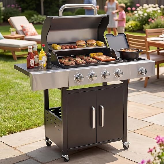Aoxun 4-Burner 49000 BTU Propane Grill with Side Burner, Black