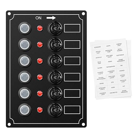 Marine Switch Panel, Haoguo 6 Gang Boat Electrical Panel with Breaker, IP67 Waterproof, Applicable to Boats Yachts Entertainment Boats