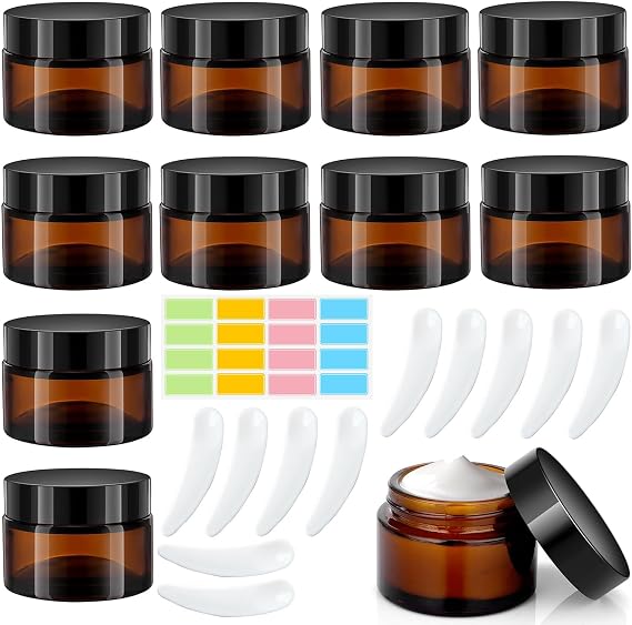 30ml Amber Glass Jars, 11Pack Empty Round Cosmetic Jars with Lids und Inner Liners, Face Cream Storage Containers, Travel Pots with Spatula and Labels for Toiletries, Lotion, Powder, Creams