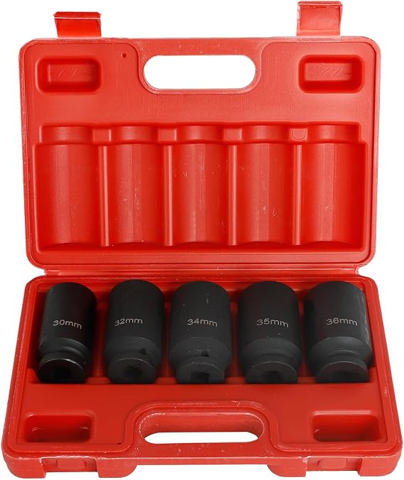 5pcs 1/2" Deep Spindle Axle Nut Impact Socket Set, 12 Point Metric, CR-MO, 30mm 32mm 34mm 35mm 36mm