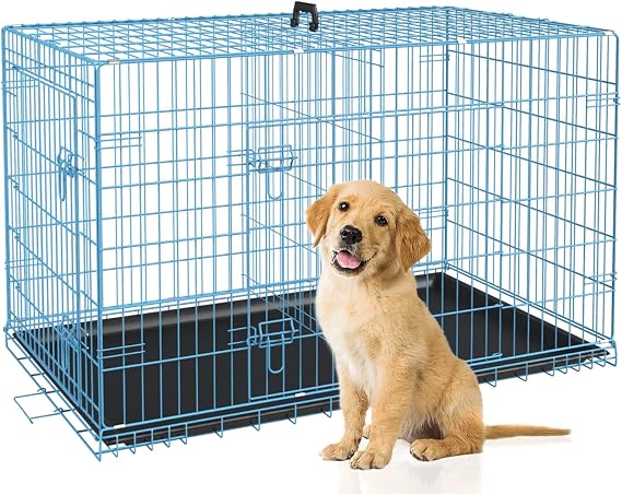 30 Inch Dog Crate,Medium Dog Crate with Double Door Divider Panel Handle,Folding Metal Wire Dog Cage Animal Crates with Plastic Leak-Proof Pan Removable Tray Pet Kennel for Indoor Outdoor Travel,Blue