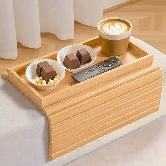 Bamboo Sofa Arm Tray Foldable Couch Cup Holder Anti-Slip Armrest Organizer Sofa Side Table for Control, Drink, Snacks, Cups