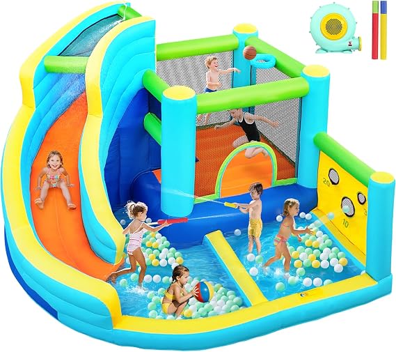 FBSPORT Inflatable Bounce House, Water Slide Park Slide Bouncer with Ball Shooting, Climbing Wall, Jumping and Splash Pool, Kids Bouncy Castle with 450W Air Blower for Outdoor Backyard