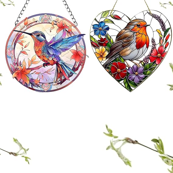 Sun Catchers for Windows, 2 Pack Stained Glass Suncatcher, Decorative Garden Bird Ornaments, Colorful Hanging Window Decor for Home and Gift, Christmas Mother's Day, Valentine's Day,Women's Gifts