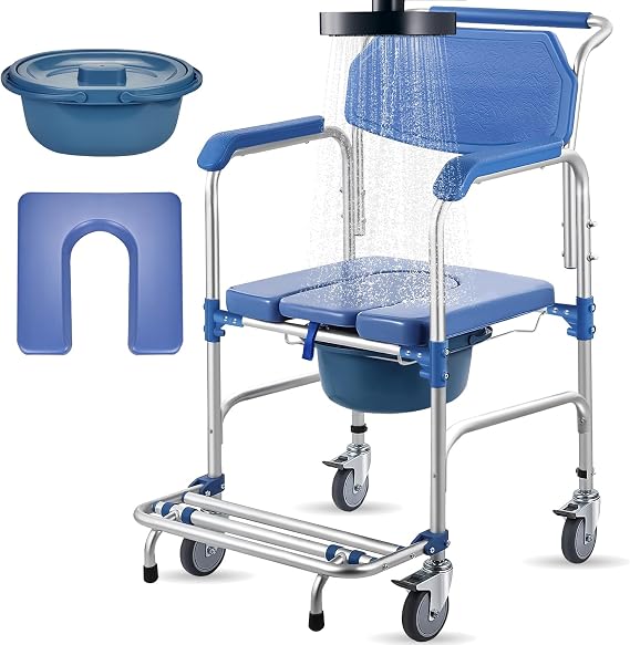 4-in-1 Rolling Shower Chair with Wheels,Waterproof Disabled Wheeled Bathroom Shower Chair for Elderly,Commode Toilet Chair with Removable Bucket, Bedside Commode Chair on Wheels for The Disabled