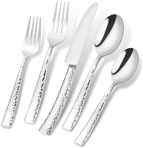 Silverware Set Flatware Set Stainless Steel Cutlery Set Hammered Pattern Mirror Finished 5 Pieces Service for 1
