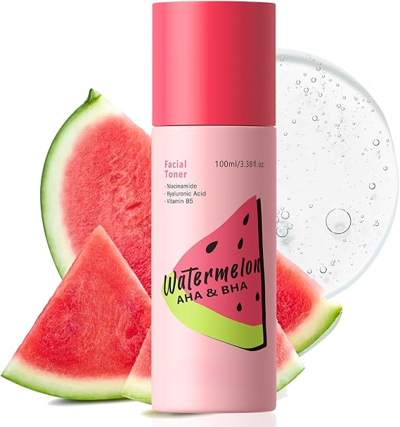 Watermelon Aha Bha Facial Toner for Face 100ml - Hydrating Exfoliating Face Toner with Salicylic Acids, Lactic & Hyaluronic Acids, Vitamin B5 for Pores, Oily, Dull & Rough Skin, Smooth Texture