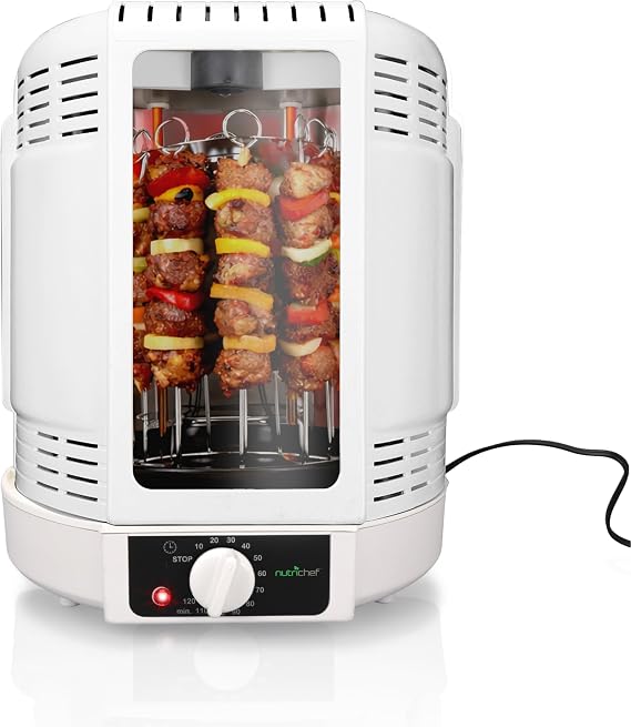 NutriChef Vertical Rotisserie Oven, Countertop Kebab Maker, 10L Shawarma Grill Machine, Chicken Spit Roaster for Perfectly Roasted Chicken, Turkey, Lamb, With Skewer, Basket & Drip Tray, White