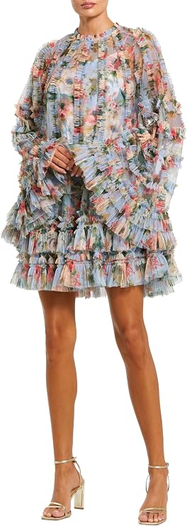 Mac Duggal Printed Mesh Ruffle High Neck Mini Dress
