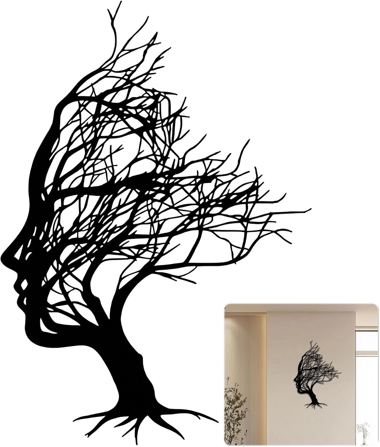 Heyung Abstract Tree Face Metal Wall Art Decor, Tree of Life Women Face Wall Hanging Sculpture, Modern Black 3D Art for Living Room, Bedroom, Office Decor (30x21cm)