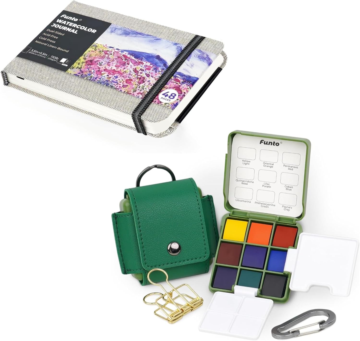 Funto Watercolor Artist Bundle, Pocket Watercolor Set, and 3.5x5.5, 48 Pages Cold-Press Watercolor Journal with Inner Pocket and Elastic Band, Travel Sketch Kit, and Art Supplies for Mixed Media