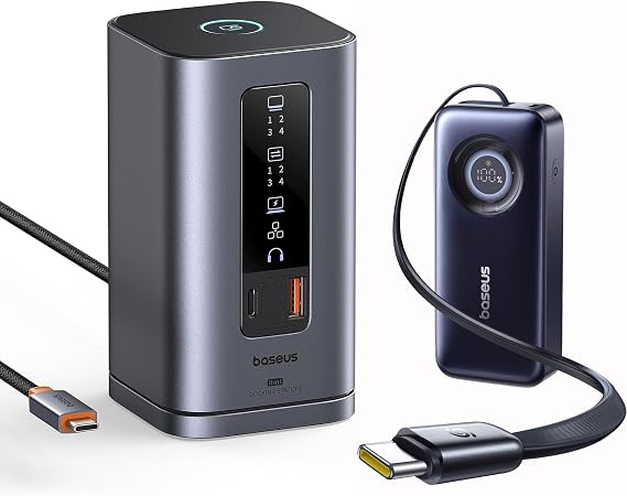 Baseus Docking Station Bundle with Power Bank, 20000mAh Built-in 67W Retractable USB-C Cable, Spacemate(Win) 11 in 1, Triple Display, 4K HDMI and DP, 10Gbps USB A/C Ports, Gigabit Ethernet, 100W PD