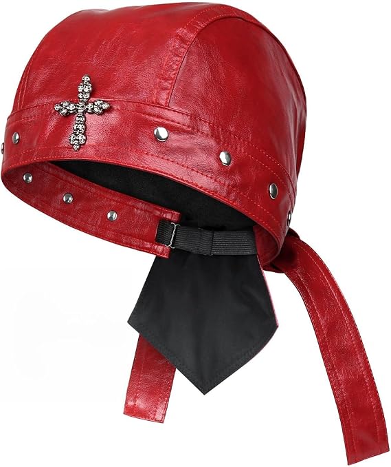 Women's Leather Biker Cap Adjustable Motorcycle Hat for Women Skull Cap Head Wrap Bandana Red
