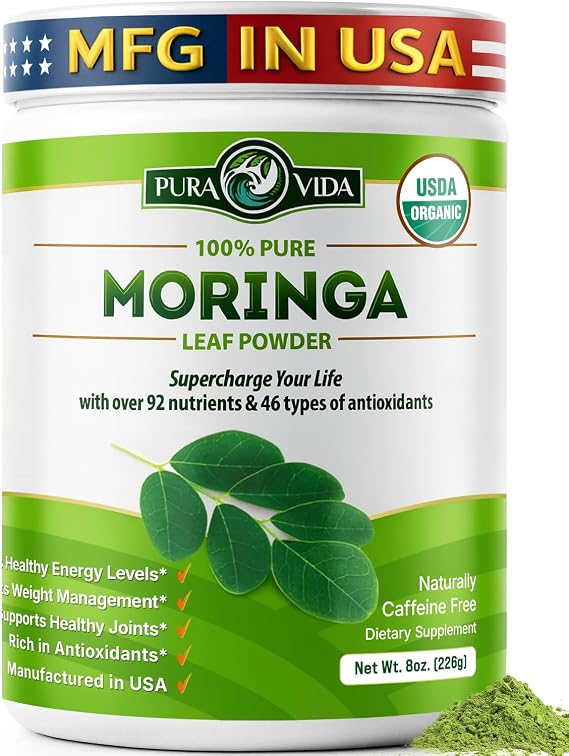 PURA VIDA MORINGA Organic Moringa Powder, Premium 100% Leaf Powder Single Origin - USDA Organic Moringa Oleifera Leaf, Perfect for Smoothies & Recipes, 8 oz