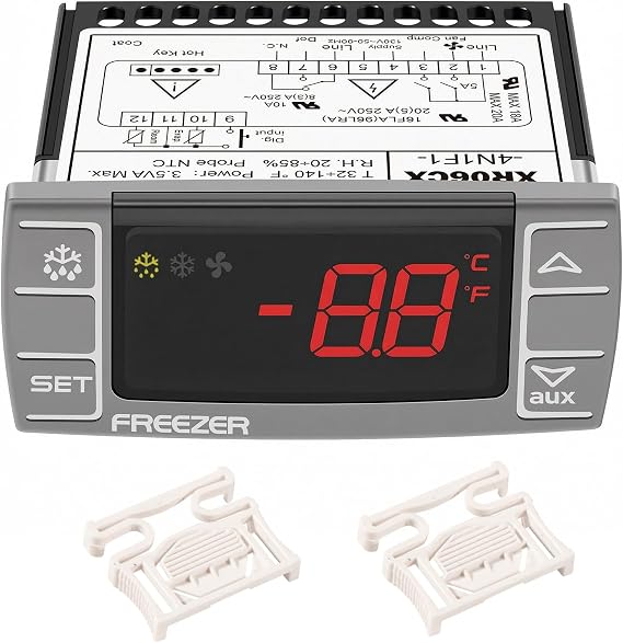 Replacement for Dixell XR06CX-4N1F1 Temperature Controller, Digital Thermostat for 120V Commercial Refrigerator & Freezer, Dual NTC Input, Compressor Fan Defrost Control