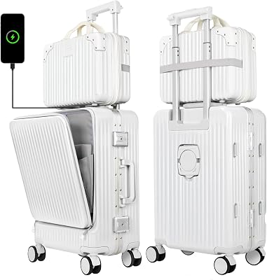 LAZEYARD Aluminum Frame Luggage Carry On Suitcase Sets with Cup Holder and USB Port Luggage Sets 20 Carry-On Airline Approved and 14 Lightweight Bag Portable Make up Bag, YSH-US-006