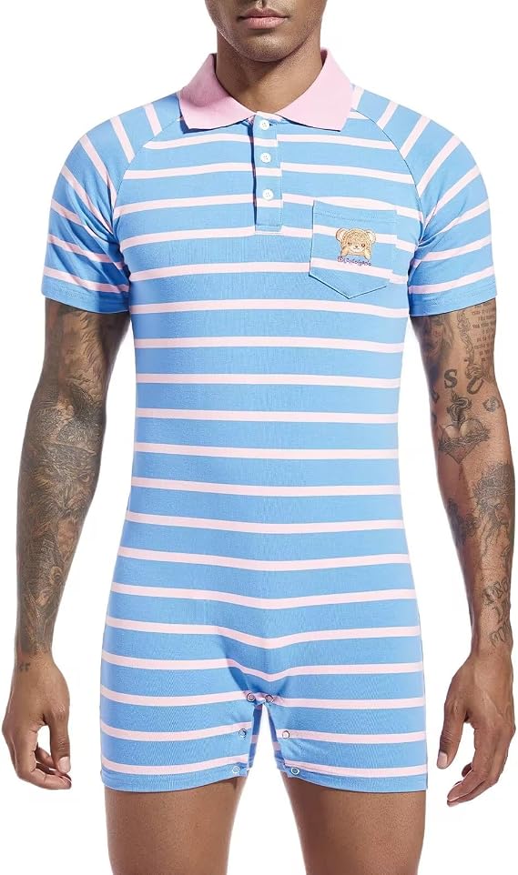 Landofgenie Men's Polo Stripe Romper Short Sleeve Pajama Onesie
