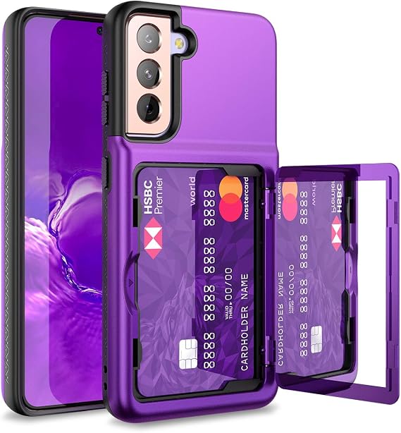 WeLoveCase for Samsung Galaxy S21 Wallet Case with Credit Card Holder & Hidden Mirror, Defender Protective Shockproof Heavy Duty Protection Phone Cover for Samsung Galaxy S21 5G, 6.2 inch Purple