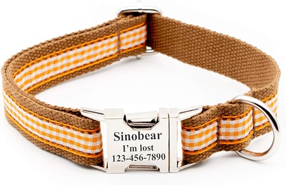Durable Customizable Dog Collar Laser Etched Name Material (Brown Plaid) | Adjustable fit for any neck size, durable D-ring, skin-friendly design, custom text engraving, secure identification
