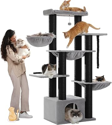 Large Cat Tree with 13 Thick Study Scratching Posts 4.3in-67in Heavy Duty Cat Tower for Indoor Adult Cats with XXL Cat Condo, Super Big Perch & 3 Hammocks for Maine Coon 20 lbs -Gray