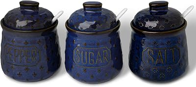 GDCZ 10 Oz Sugar Pepper and Salt Bowls with Lid and Spoon, Ceramics Seasoning Container, Seasoning Jar Spice Container for Kitchen,Dishwasher Safe, Set of 3 Blue
