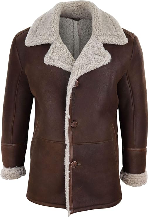 TruClothing Mens Real Sheepskin Coat Button Vintage German WW2 Captain Marine Jacket