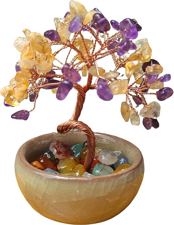 Handmade Multicolor Crystal Tree Decor Natural Stone Desktop Ornament Ideal Gifts Home Office Wedding Party,Purple Yellow Crystal Money Tree,Meditation&Spiritual Practice