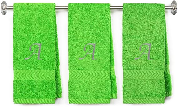 BY LORA Embroidered Monogram Hand Towel 3 Pack, Initial A, Lime