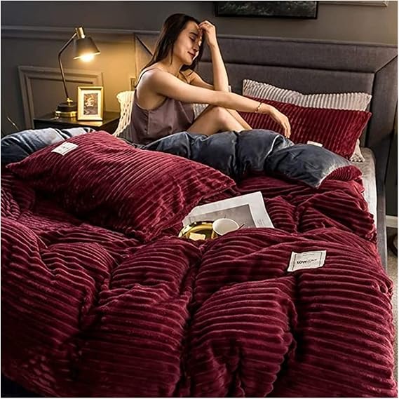 Thicken Flannel Duvet Cover Solid Color Warm Coral Velvet Quilt Cover Modern Ultra Soft Luxury Comforter Covers Winter Bedding(Wine Red,2 Pillowcases)