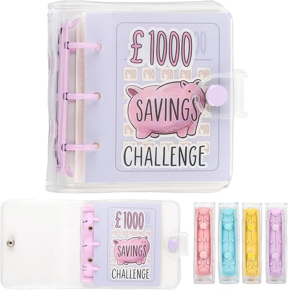 Mini Money Saving Binder with 25 Envelopes, ￡1000 Savings Challenge Book | Portable for Budgeting Cash Planner,School Class Prize Gift (Purple, ￡1000)