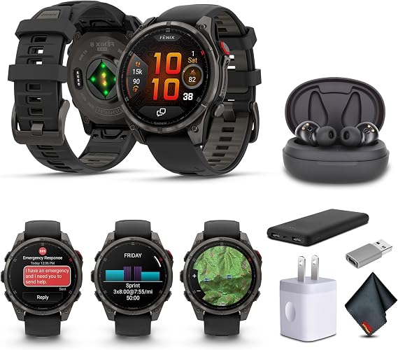 Garmin Fenix 8 Pro, 47mm, AMOLED Display, Premium Connected Multisport GPS Smartwatch, inReach Technology, Sapphire, Carbon Gray DLC Titanium with Black/Pebble Gray Silicone Band Bundle