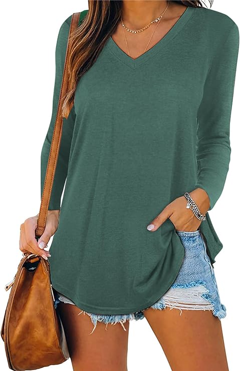 iChunhua Women's Plain Basic V Neck Long Sleeve Tops Tee Shirt T-Shirt