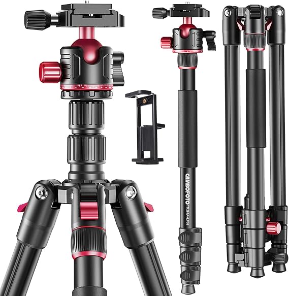 CAMBOFOTO 173cm Professional Camera Tripod, Aluminum Portable Tripod with 180cm Monopod/360° Ball Head, iPad Clip and Carry Bag