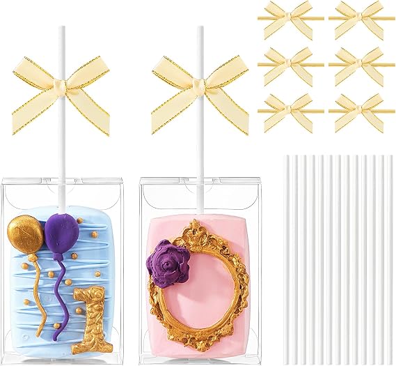 30Set Clear Rice Krispie Treat Boxes with Stick and Gold Tie & Clear Boxes White Stick Gold Ties for Cakesickle,Treat,Party Favors &