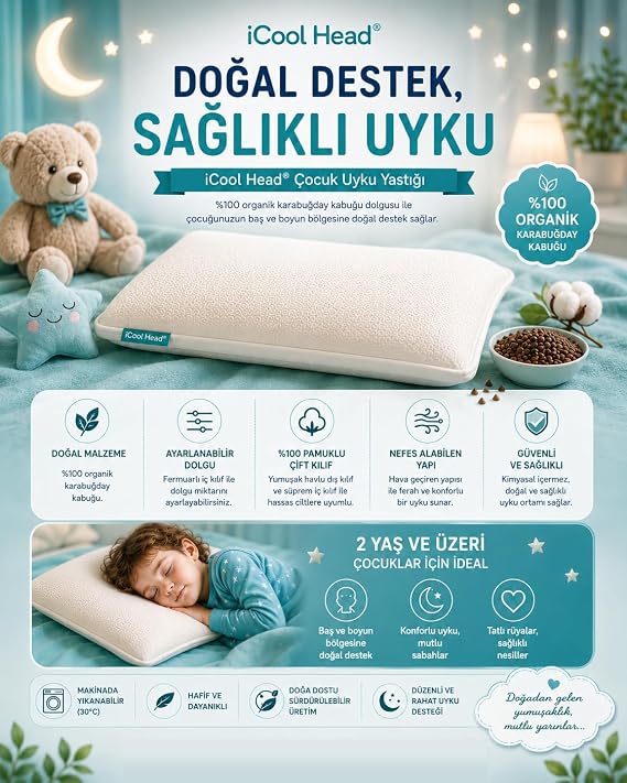 Organik Karabuğday Kabuğu Dolgulu Çocuk Yastığı, Bebek Yastığı, Çocuk Baş Boyun Destek Yastığı, Uyku Yastığı (2 Yaş+)