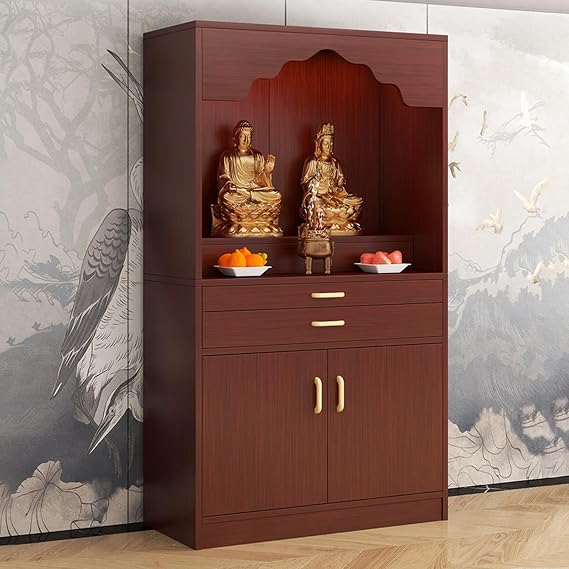 Altar Table with Storage, Buddha Niche Chinese Cabinet with Storage, for Incense and Pray, for Living Room, Study Room(Walnut,23.6 * 15.8 * 63.8in)