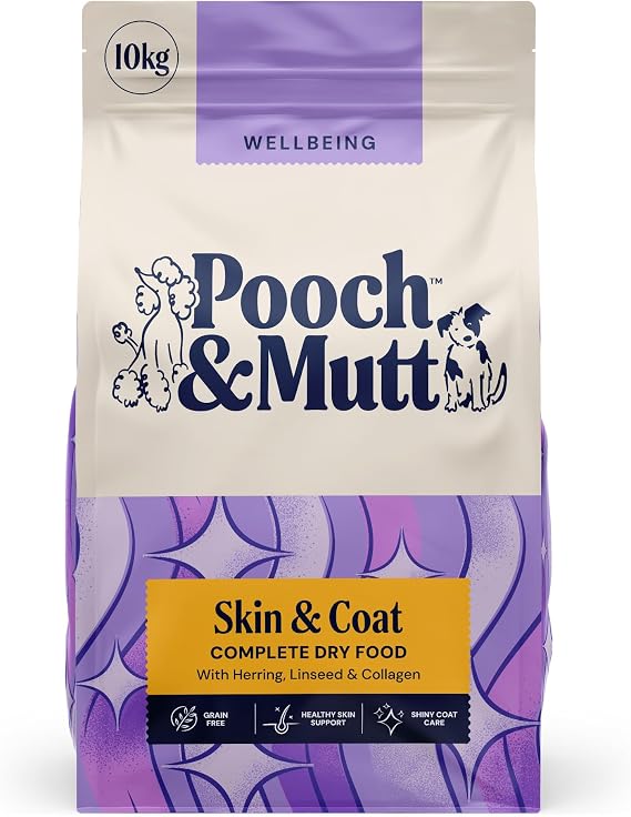 Pooch & Mutt - Skin & Coat Dry Dog Food, Herring & Linseed, 10kg | Regular Sized Kibble, For Dry and Itchy Skin, Grain Free, Complete Dog Food, Packaging May Vary