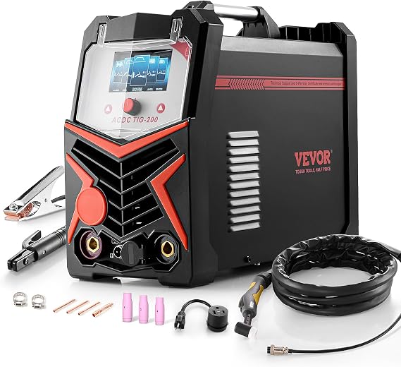 VEVOR TIG Welder, 200A 6-In-1 Aluminum Welding Machine (LED Display) - AC TIG/DC TIG/AC Pulse TIG/DC Pulse TIG/Spot TIG/MMA(Stick), 110&220V Dual Voltage Electric Welder with Synergic Control IGBT