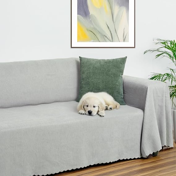Mikrofiber Şönil Fitilli Minimalist Koltuk Örtüsü -175x350 cm XLarge, Çift Taraflı, Kaymaz, Terletmez, A.Gri