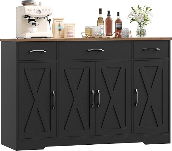 HOCSOK 140cm Large Sideboard, Kitchen Sideboard with 3 Drawers & 4 Doors