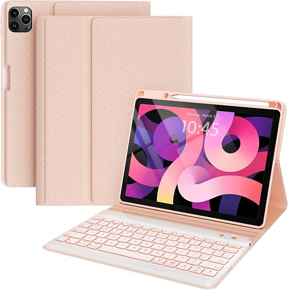 Keyboard case for ipad Air 11 inch(M2 2024)/10.9 Inch Air 5th 4th Generation & iPad Pro 11 inch (1st/2nd/3rd/4th Gen)-Backlit Detachable Keyboard, Folio Cover with Upper Easily Pencil Holder-(Pink)