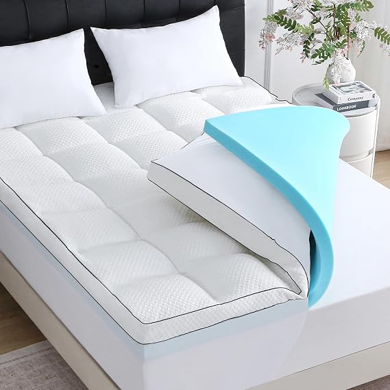 Dual Layer 5 Inch Queen Size Memory Foam Mattress Topper, 3 Inch Quilted Top Mattress Pad Cover and 2 Inch Cooling Gel Foam, Medium Firm for Back Support Pain Relief