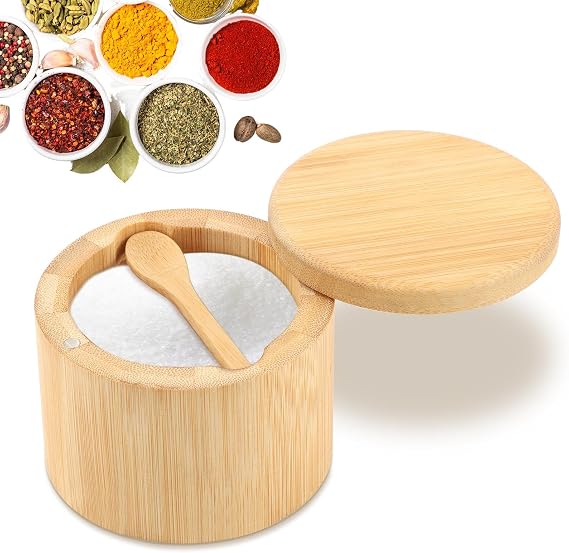 Bamboo Salt Cellar, 6oz Spice Jar, Salt Box With Swivel Lid BuiltIn Spoon
