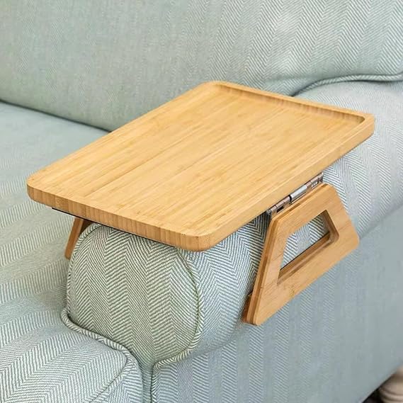 Orret Home Spring Handle Bamboo Sofa Tray – Hinged, Non-Slip, Easy-to-Use, Sturdy Holding Side Table, Seat Edge Attached Tray Coffee Table (Rectangular)