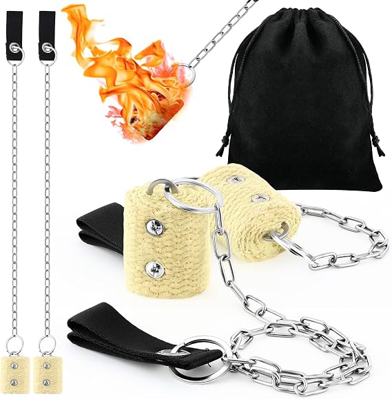Shimeyao 1 Pair Fire Poi Set for Dancing 21" Stainless Steel Chain with 2" Woven Aramid Fiber Wick Heads & Carry Bag Poi Fire Dancing Equipment for Circus, Festivals & Performances All Levels of Gamer