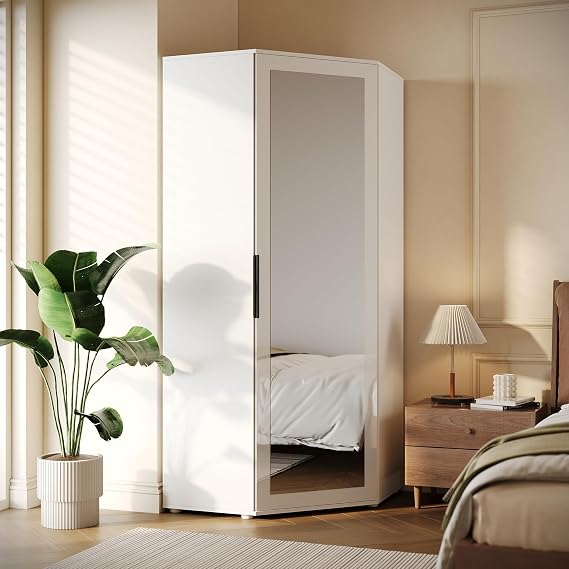 ELEGANT Corner Mirrored Wardrobe with 2 Hanging Rails and 5 Storage Shelves