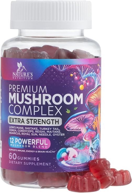 Mushroom Gummies Supplement 12 in 1 - High Grade Blend for Adults with Lions Mane, Reishi, Cordyceps, Chaga Mushroom Complex Gummy, Memory & Immune Support & Nootropic Brain Supplements - 60 Gummies