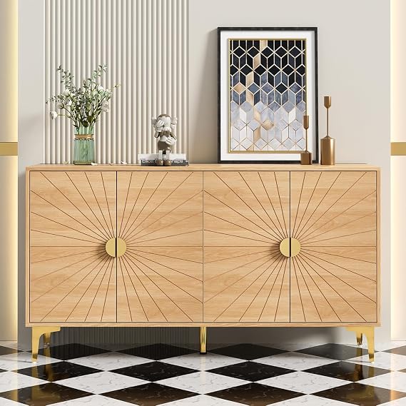 UEV 55.1" Buffet Cabinet with Storage,Wood Sideboard, Gold Sunlight Accent Storage Cabinet with Metal Handles & Legs,Long Console Cabinet with 4 Doors & Adjustable Shelves (Wood)