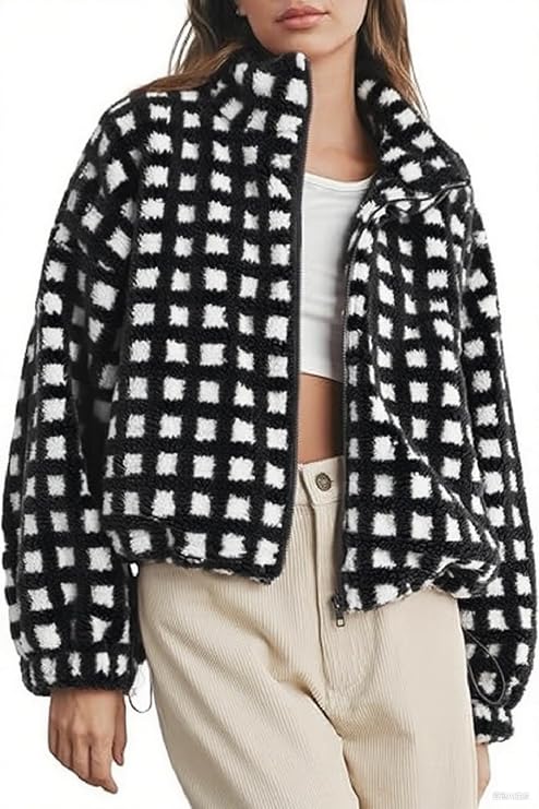 Yoawdats Womens Cute Sherpa Fleece Jacket Fuzzy Zip Up Checkered Cropped Going Out Jacket Teddy Fluffy Casual Outerwear