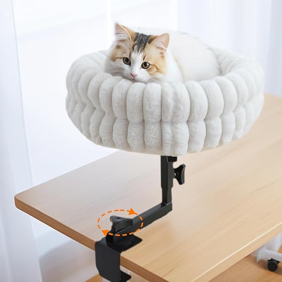 Cat Desk Bed, 360 Rotating and Adjustable Pet Bed, with Soft Mat, Stylish Indoor Cat Nest for Workstations and Game Tables, Brown